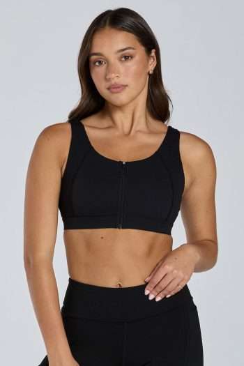 Abi and Joseph Run Swim Active Zip Front Crop, Black, Front View