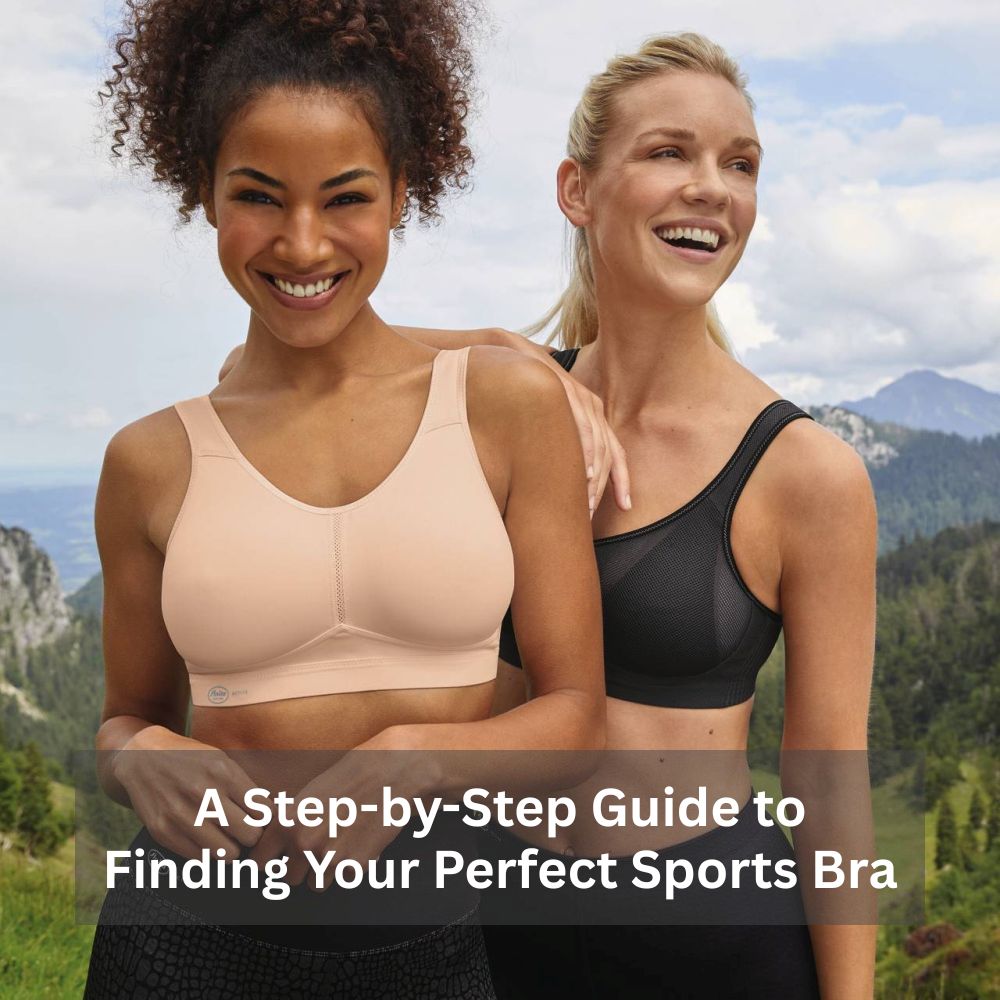 Two women wearing supportive sports bras outdoors, comparing black and beige styles with mountain views.